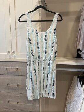 Tart White Dress with Aqua and Navy Print with Front Pockets and Cinched Waist
